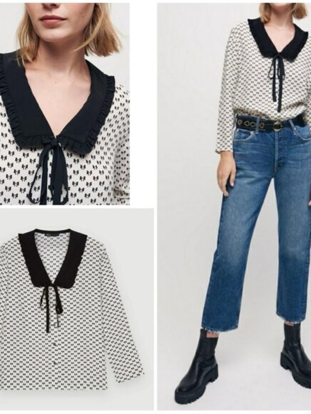 Maje Black-Ruffled Collar Cream Bow-Print Blouse